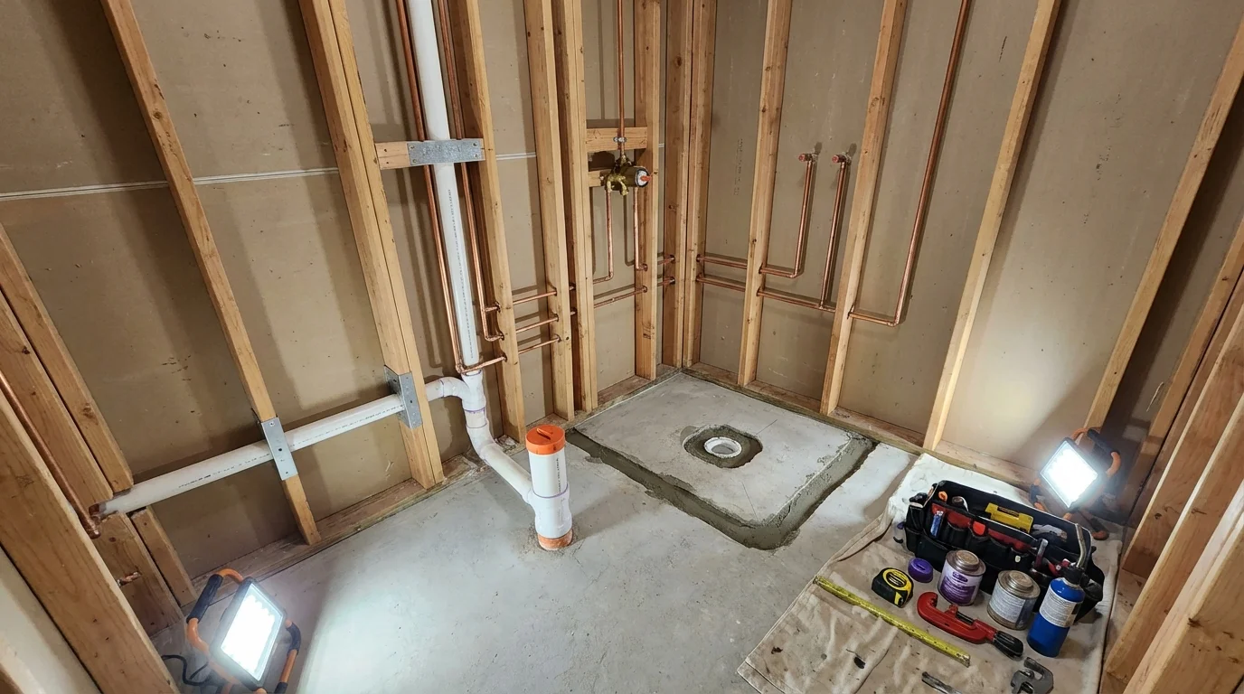 Bathroom rough-in plumbing during remodel by Johns Plumbing LLC in Georgetown