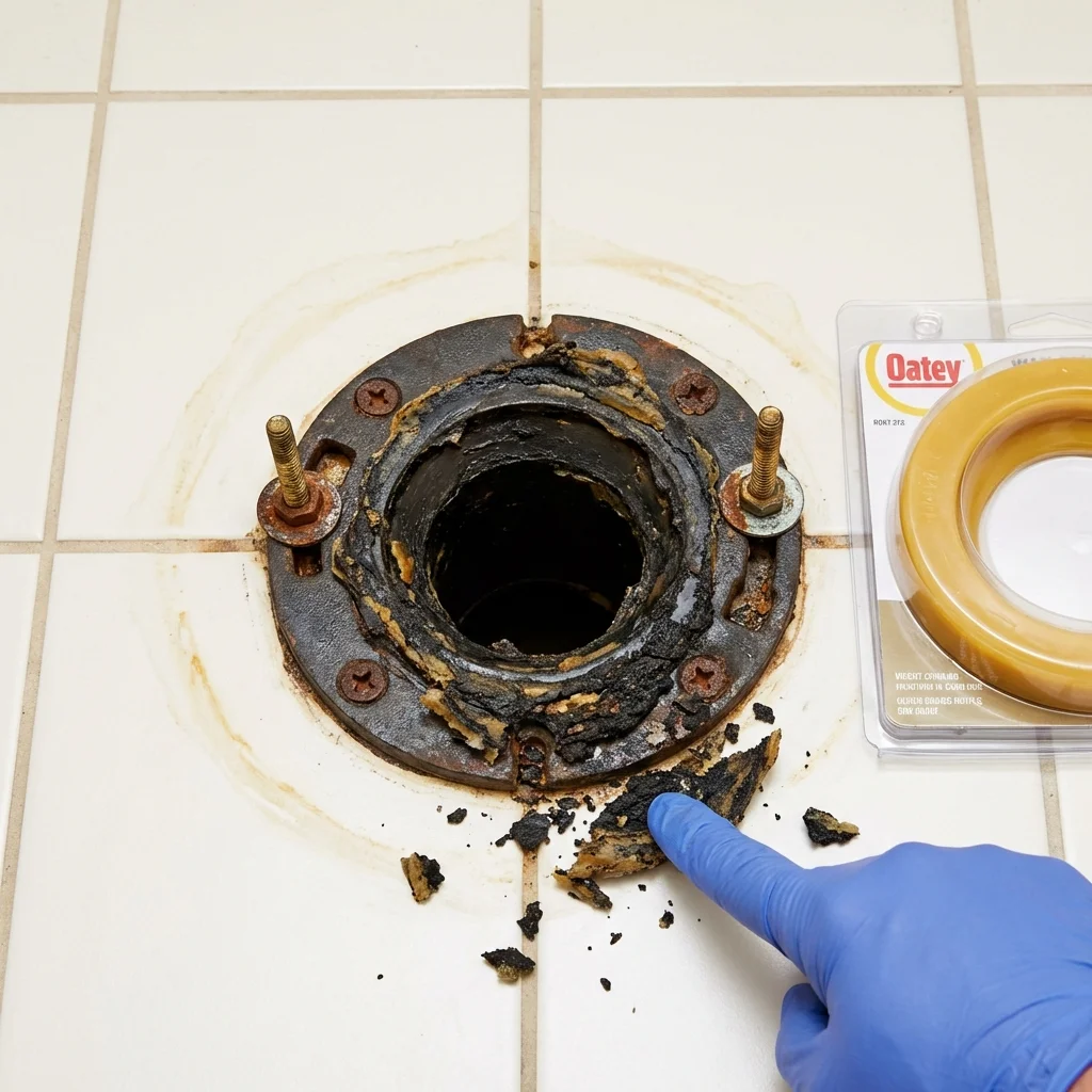 Failed wax ring showing water seepage at the base of a toilet in a Georgetown, TX home