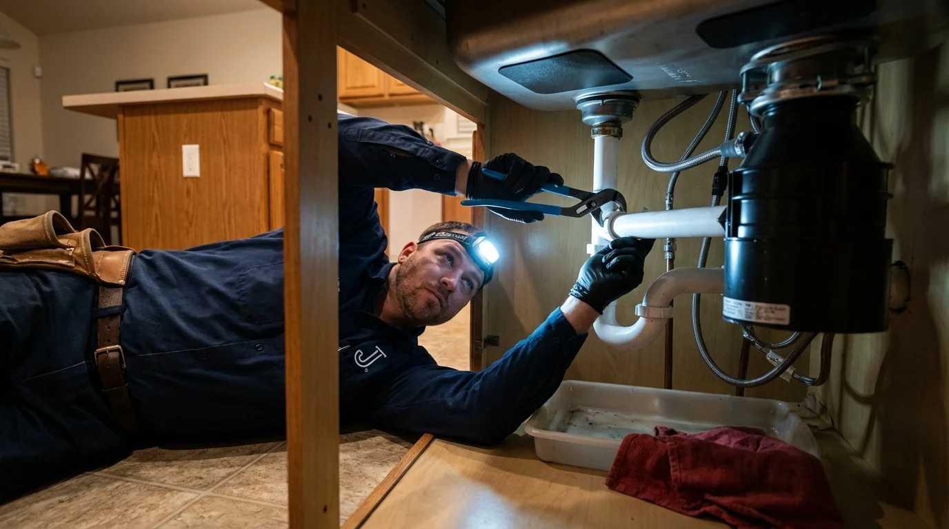 P-trap and supply line connections under a kitchen sink showing a common leak point in Georgetown, TX